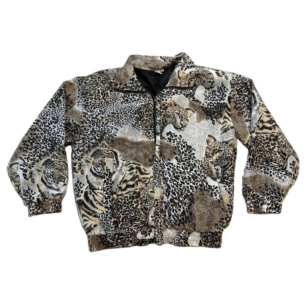 Vintage CoAco bomber jacket Medium 100% Silk tiger leopard animal print full zip